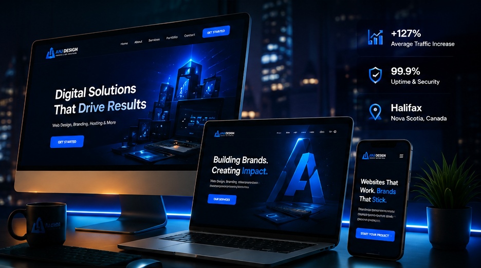 ANJ Design responsive web design displayed across desktop, laptop and mobile devices