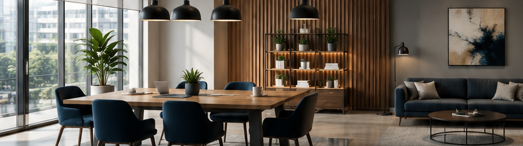 Bright modern executive office with professional furniture and meeting space